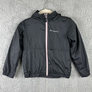 Columbia Windbreaker Jacket Lightweight Sz XS 6 7 Zip Hood Kids Girls Black Pink
